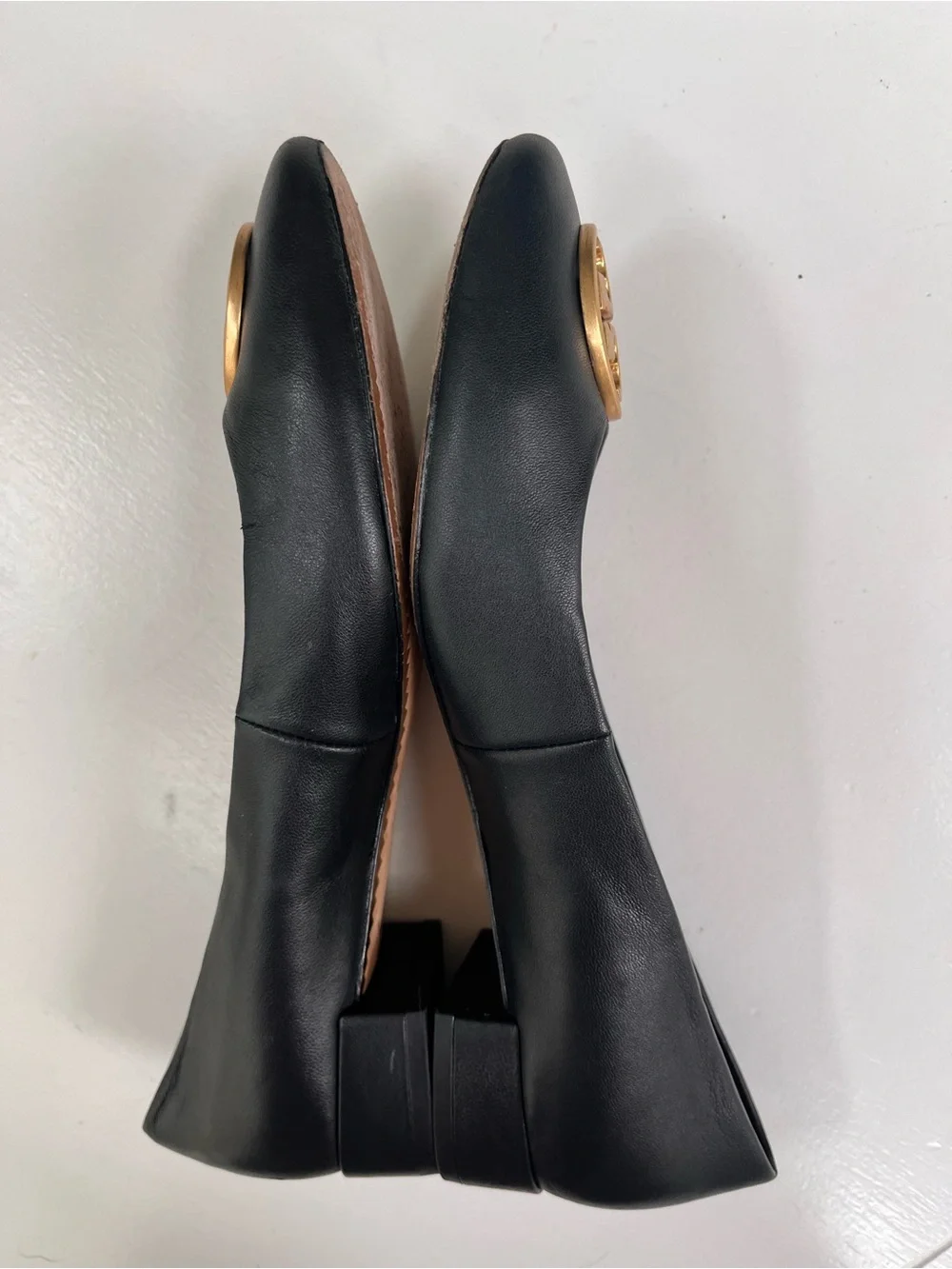 Tory Burch Black Leather Ballet Flats with Gold Logo Medallion